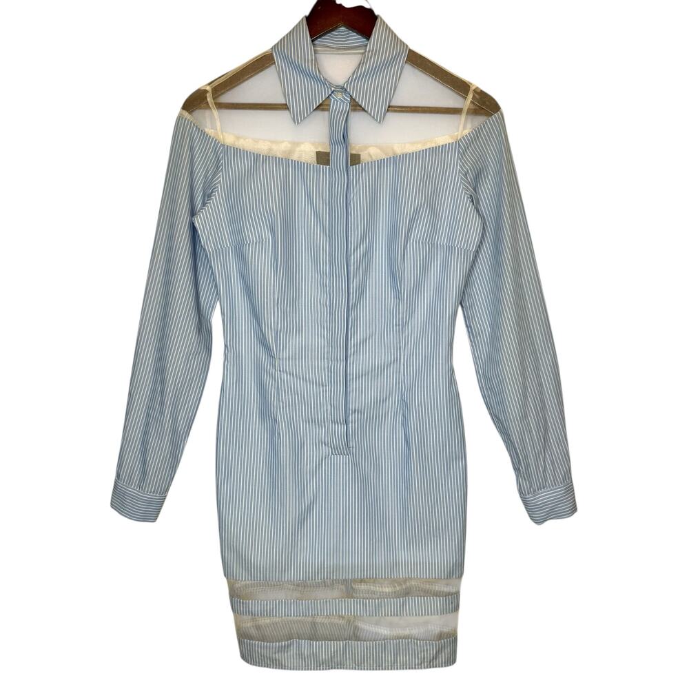 Nonoo‎ New York Poplin Striped Mini Popover Shirt Dress Blue